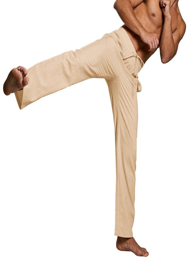 PASLTER Mens Casual Linen Pants Loose Fit Straight-Legs Elastic Drawstring Waist Summer Beach Yoga Long Pants B-Khaki - Image 4